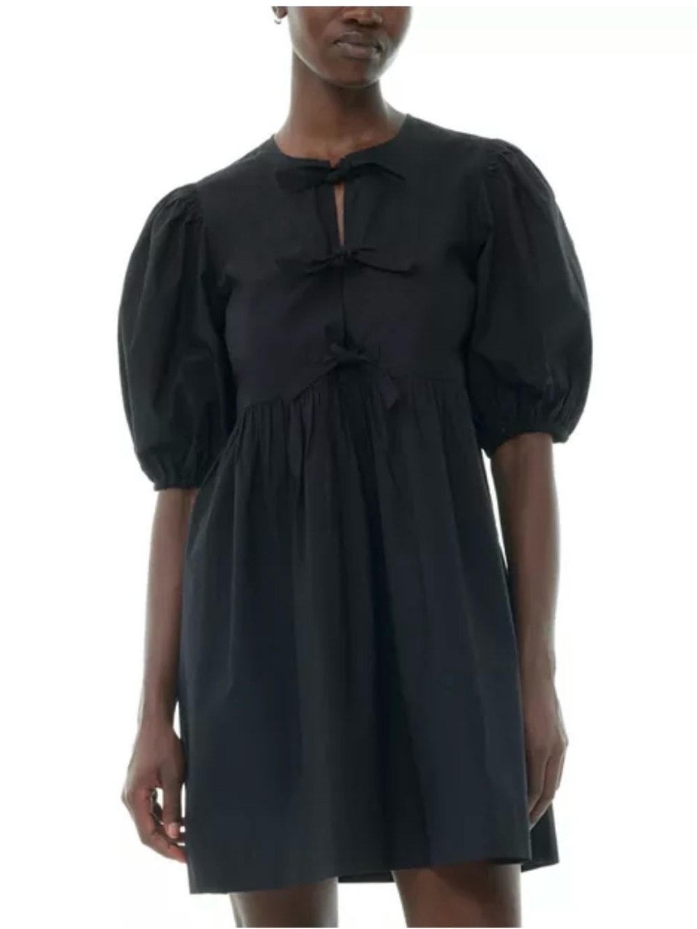 Ganni Black Puff-Sleeve Mini Dress with Front Ties